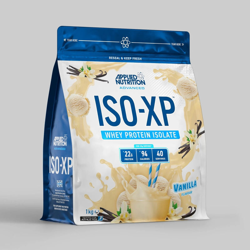 White and blue ISO-XP 1kg vanilla whey protein isolate pouch.