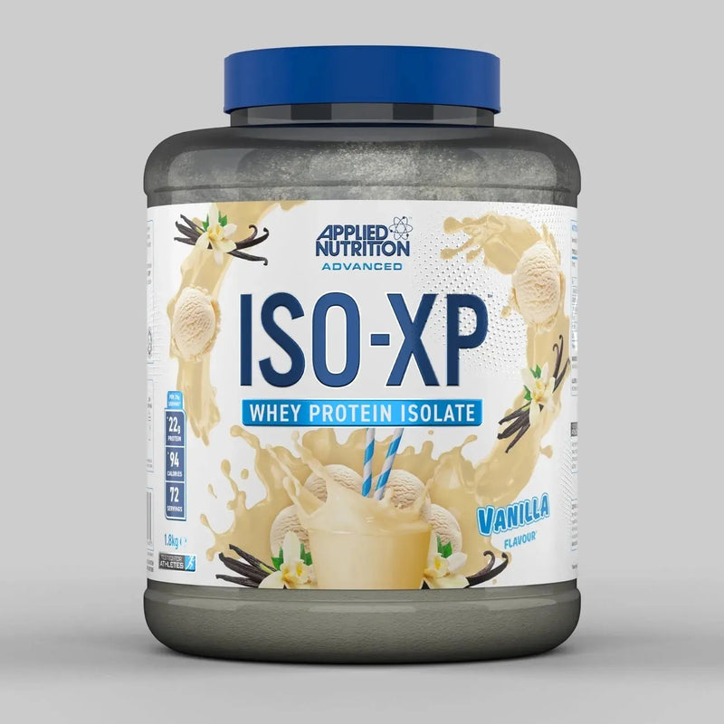 Grey and blue ISO-XP 1.8kg vanilla whey protein isolate tub.