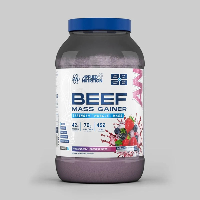 Beef Mass Gainer 3.13kg by Applied Nutrition in Frozen Berries flavor, featuring 42g beef protein isolate per serving for muscle mass and recovery.