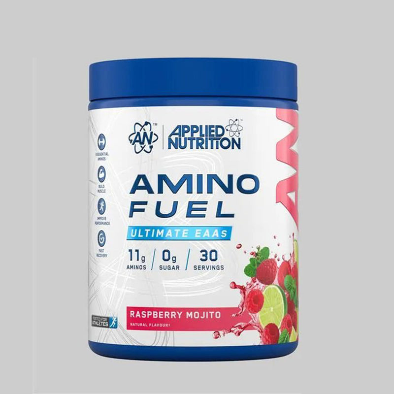 White and blue Applied Nutrition Amino Fuel tub, Raspberry Mojito flavor.