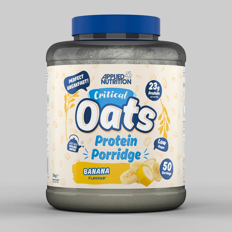 Grey Critical Oats tub with blue lid, banana flavor, and 50 servings.