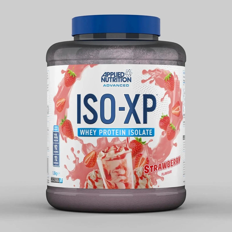Dark grey ISO-XP 1.8kg strawberry whey protein isolate tub with blue lid.