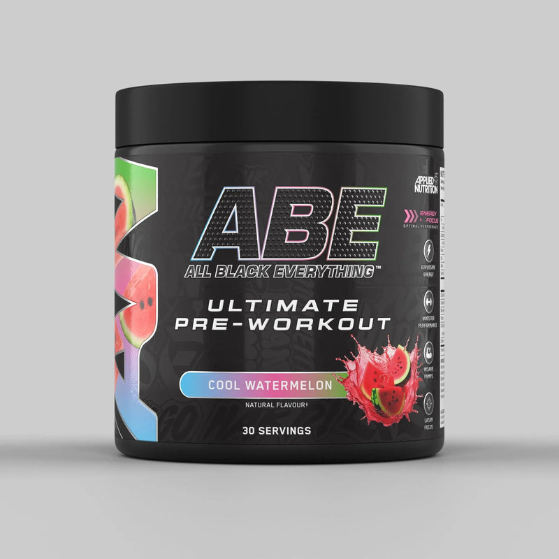 Black ABE pre-workout tub with cool watermelon flavor graphic.