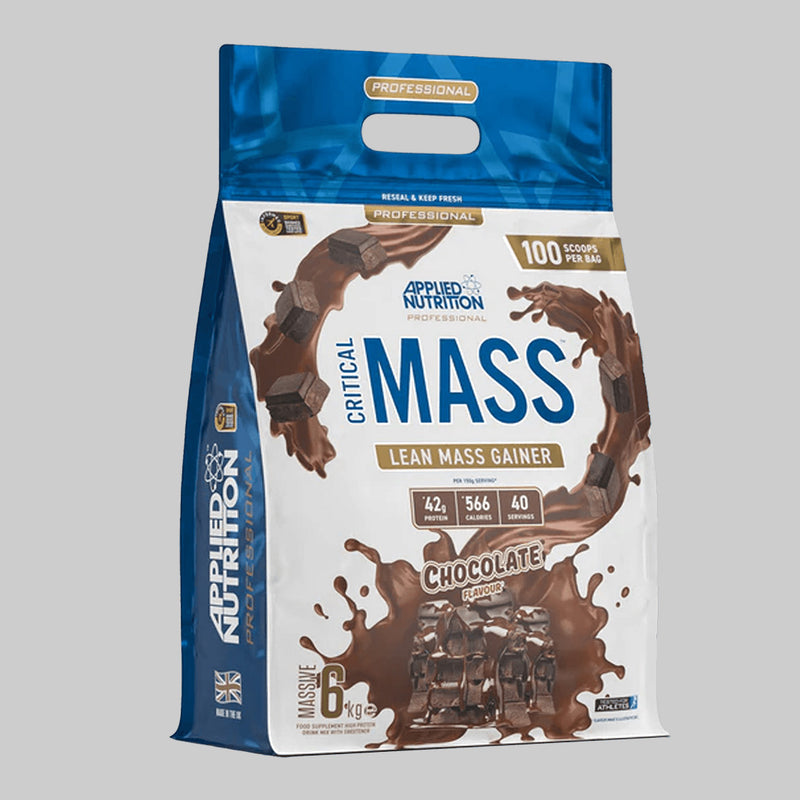 Upright blue and white Applied Nutrition Critical Mass 6kg chocolate mass gainer bag with splash.