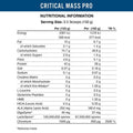 White nutritional information label for Critical Mass Pro, showing a detailed table.