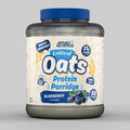 Large grey tub of Critical Oats Blueberry protein porridge with a blue lid.