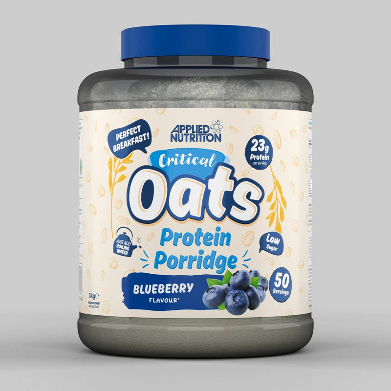 Large grey tub of Critical Oats Blueberry protein porridge with a blue lid.