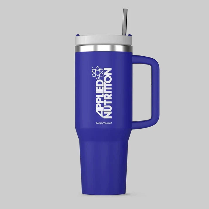 Blue Applied Nutrition tumbler cup with white lid, handle, and straw.