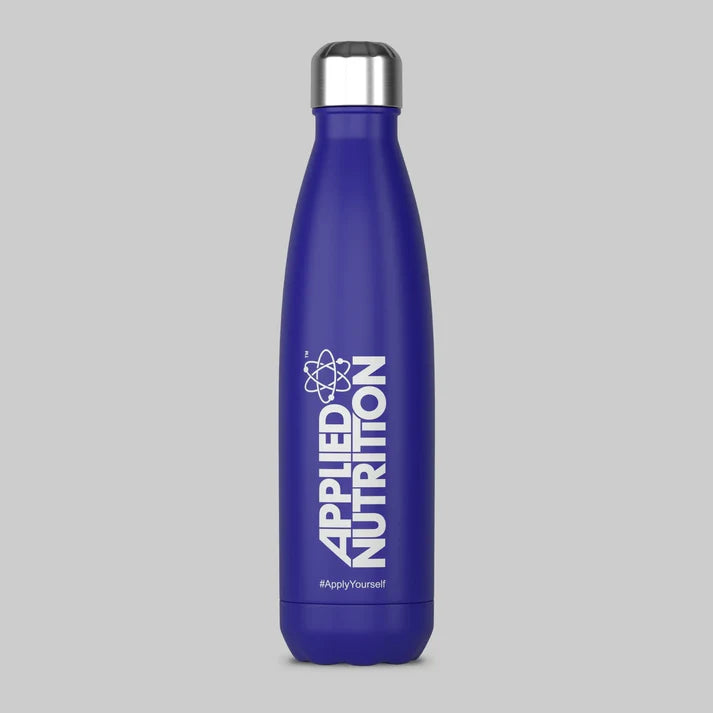 Blue stainless steel flask with silver cap and white Applied Nutrition logo.