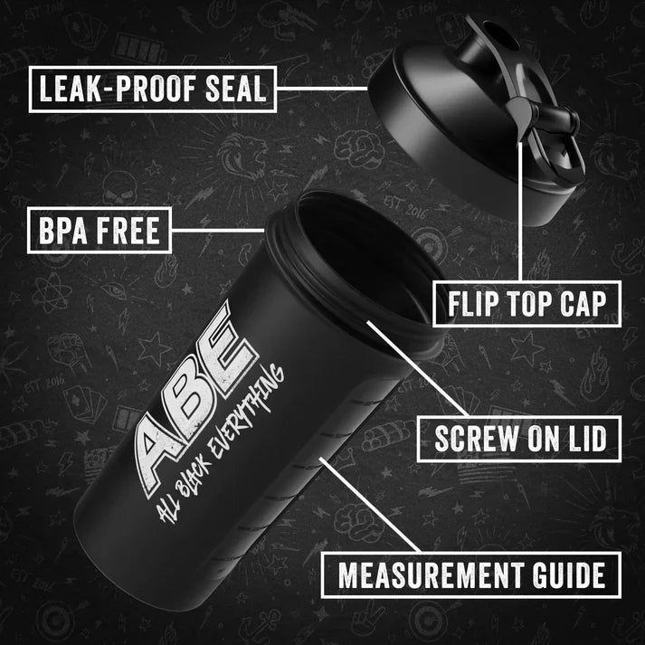 Black ABE shaker bottle with white text and feature labels.