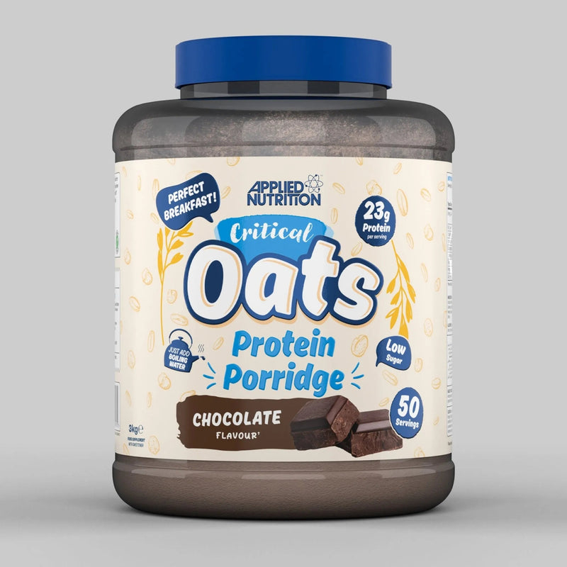 Large dark grey tub of Critical Oats Chocolate Protein Porridge with blue lid, 50 servings.