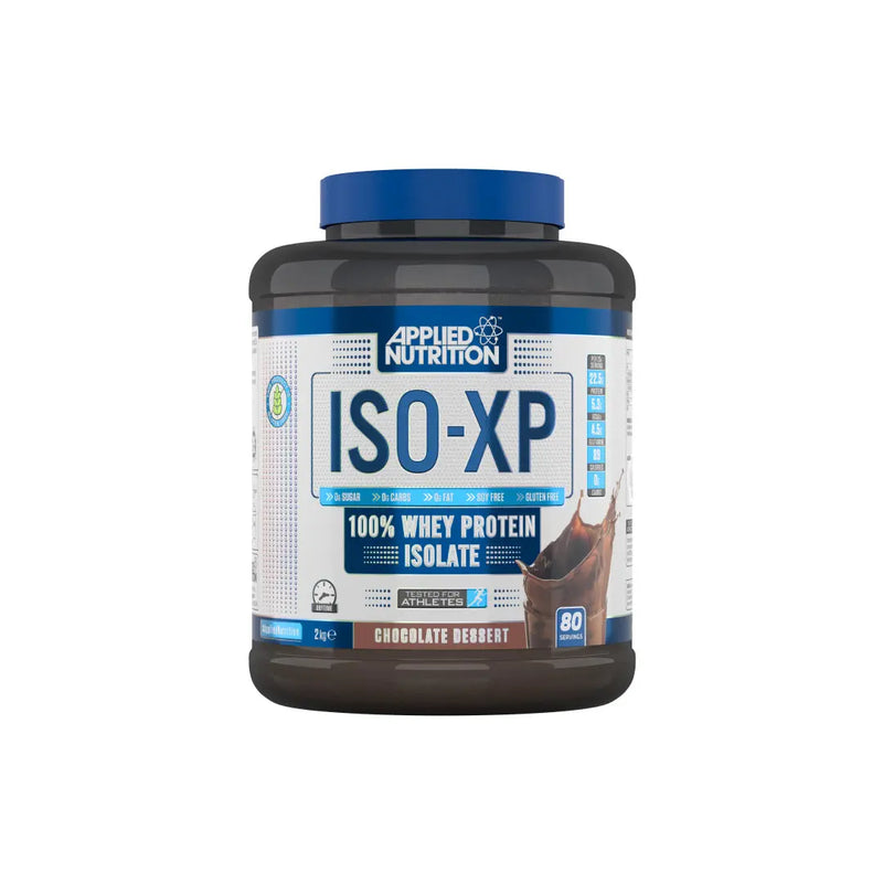 Dark brown Applied Nutrition ISO-XP 2kg chocolate protein powder tub with blue lid.