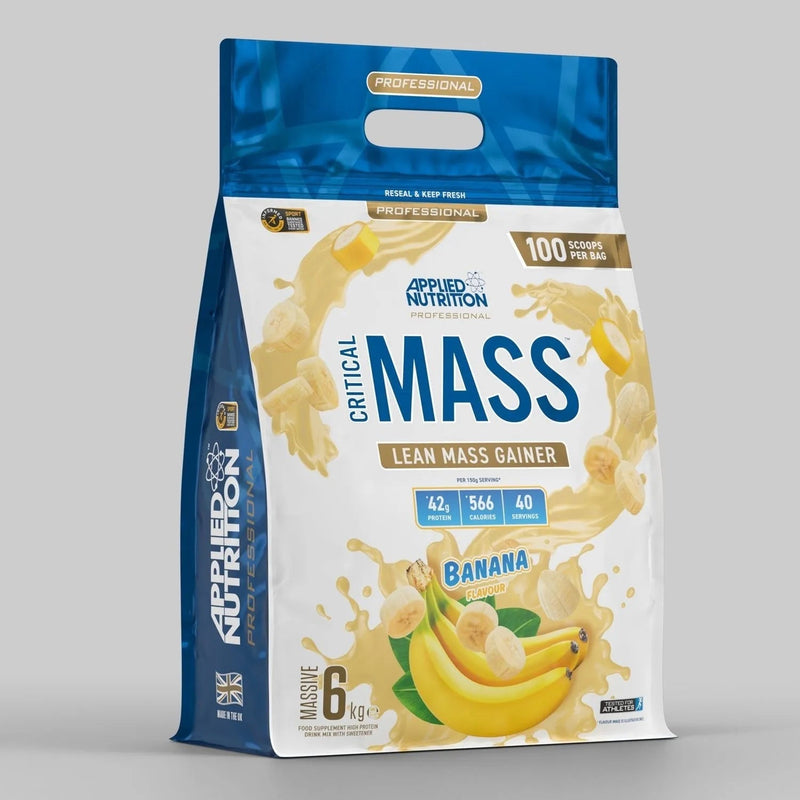White and blue Applied Nutrition Critical Mass 6kg banana flavor pouch.