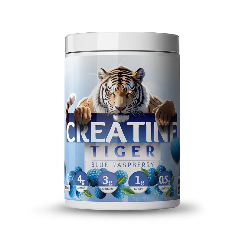White creatine supplement tub with a tiger and blue raspberry design.