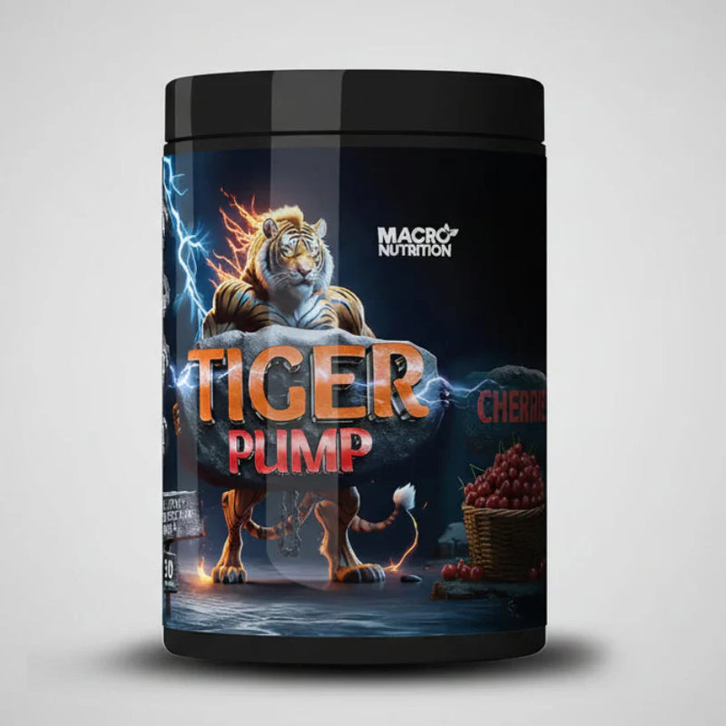 Angled black supplement tub featuring a tiger, lightning, and 'Tiger Pump' text.