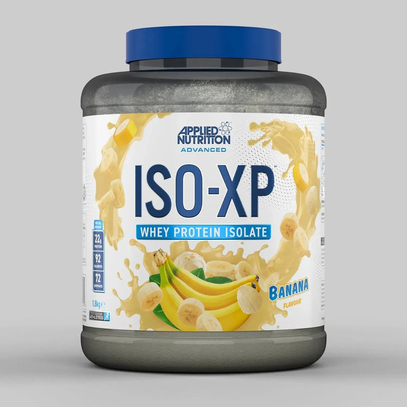 Large grey and blue ISO-XP protein tub with banana flavor label.