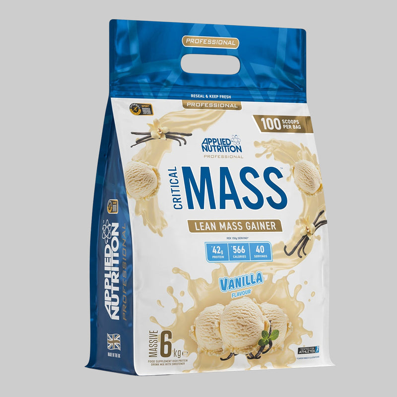 White and blue Applied Nutrition Critical Mass 6kg vanilla gainer bag.