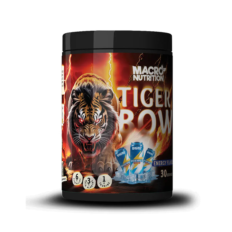 Black cylindrical tub of Tiger Bow pre-workout featuring a roaring tiger.