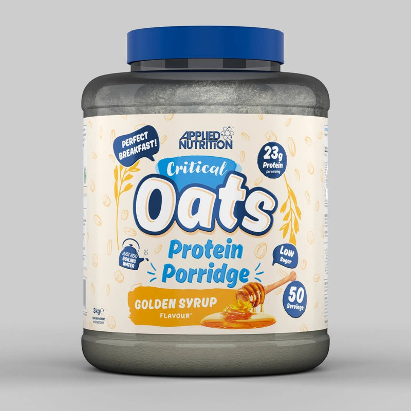 Large grey tub of Critical Oats Protein Porridge with blue lid and cream label.