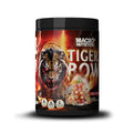 Black pre-workout tub with a fierce tiger, red lightning, and fruit punch.