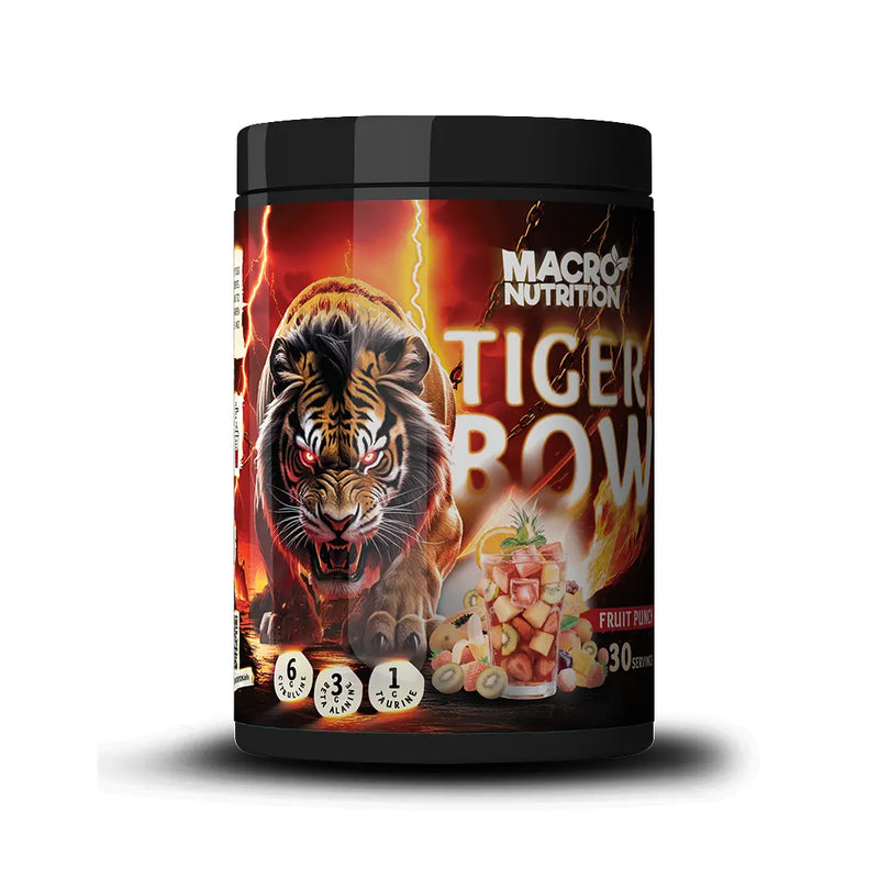 Black pre-workout tub with a fierce tiger, red lightning, and fruit punch.