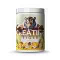 White and yellow creatine tub with a tiger and tropical fruit graphics.