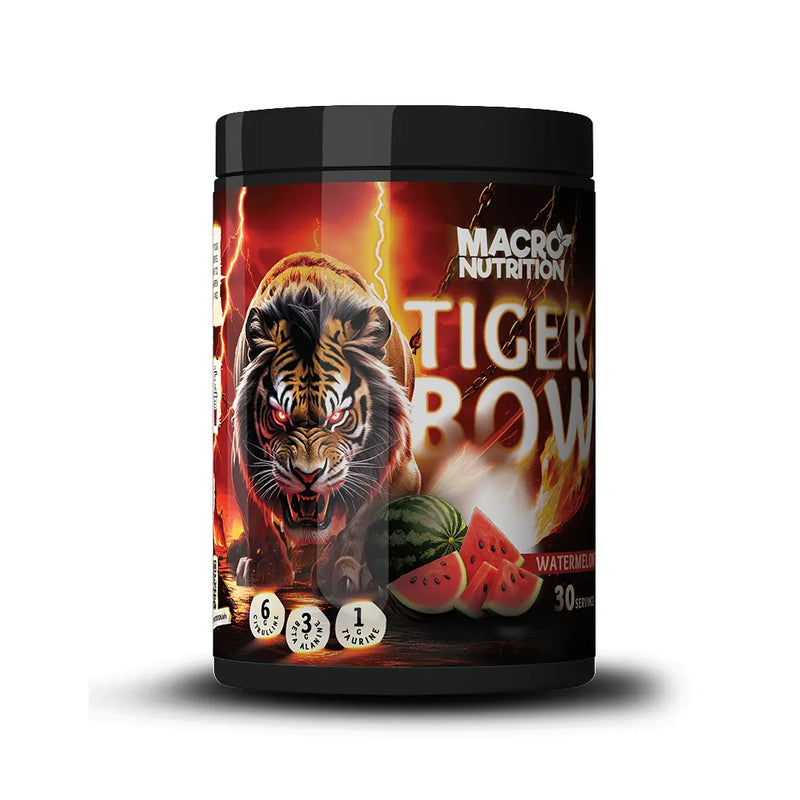 Black pre-workout tub with a roaring tiger and watermelon on a fiery label.