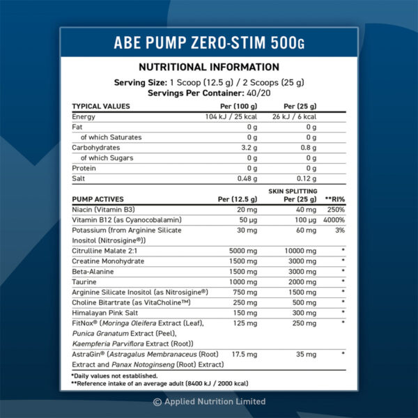 ABE PUMP - ZERO STIM PRE-WORKOUT (500G) - Image 2
